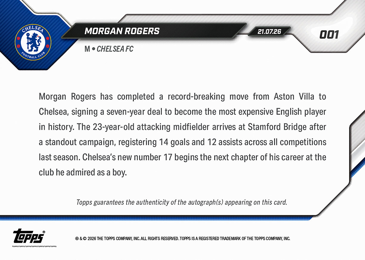 Morgan Rogers - 2026-27 Chelsea FC Topps Now #1 車路士破紀錄加盟卡【團購】