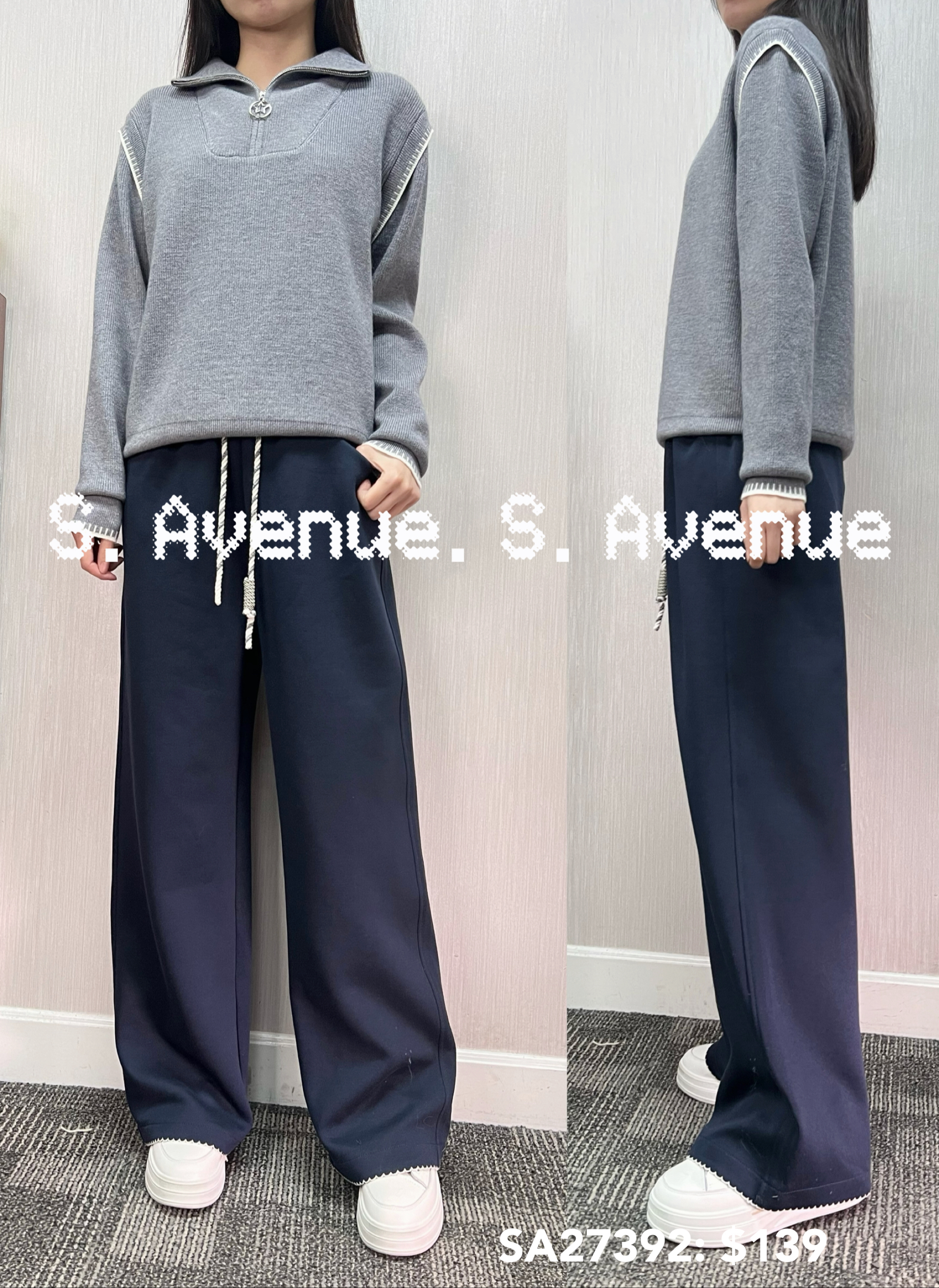 SA27392: 長袖拉錬領袖繡邊假兩件top