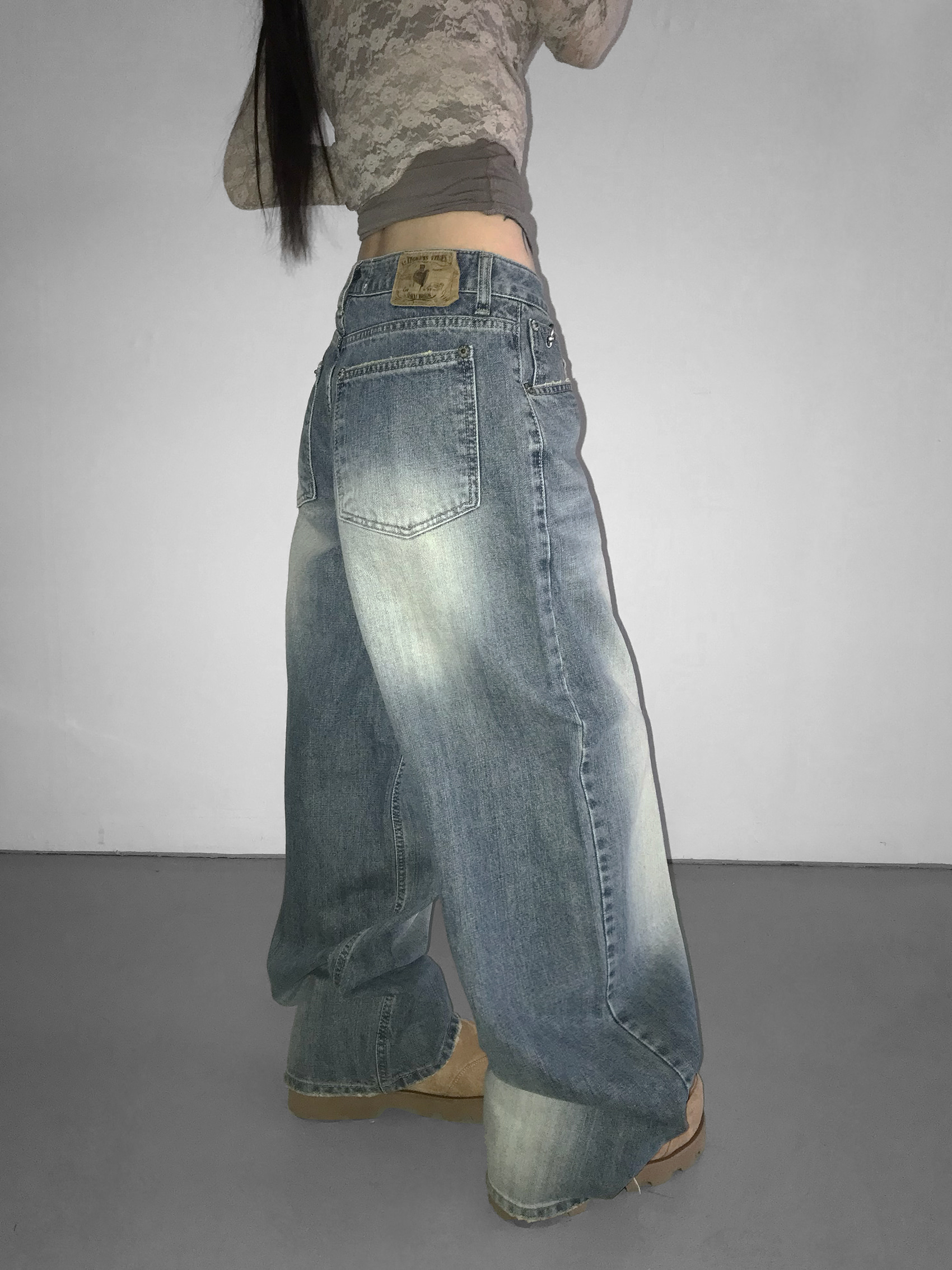 Metal Hook Washed Wide-Leg Denim
