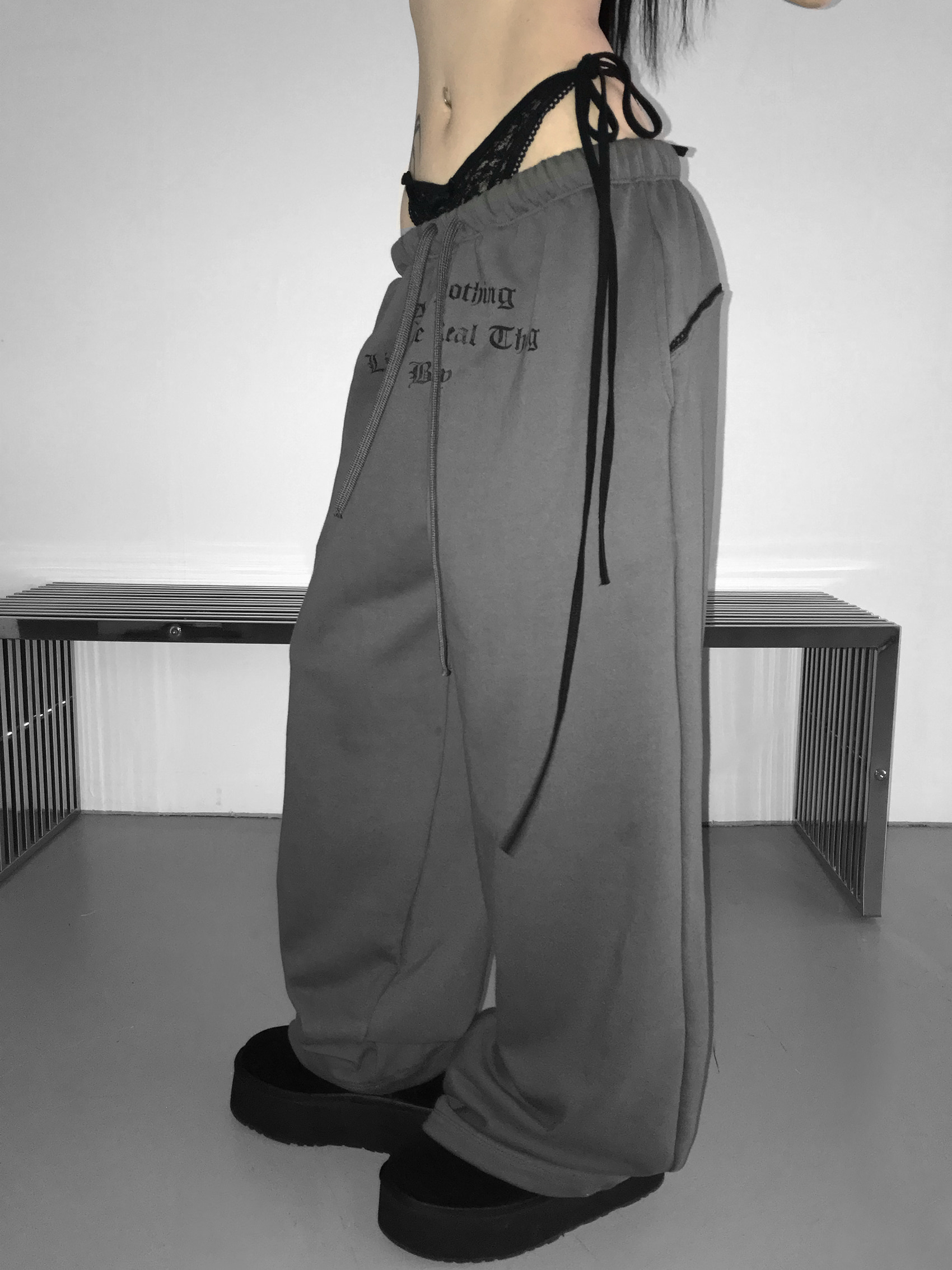 Layered Lace Waist Graphic Wide Leg Pants