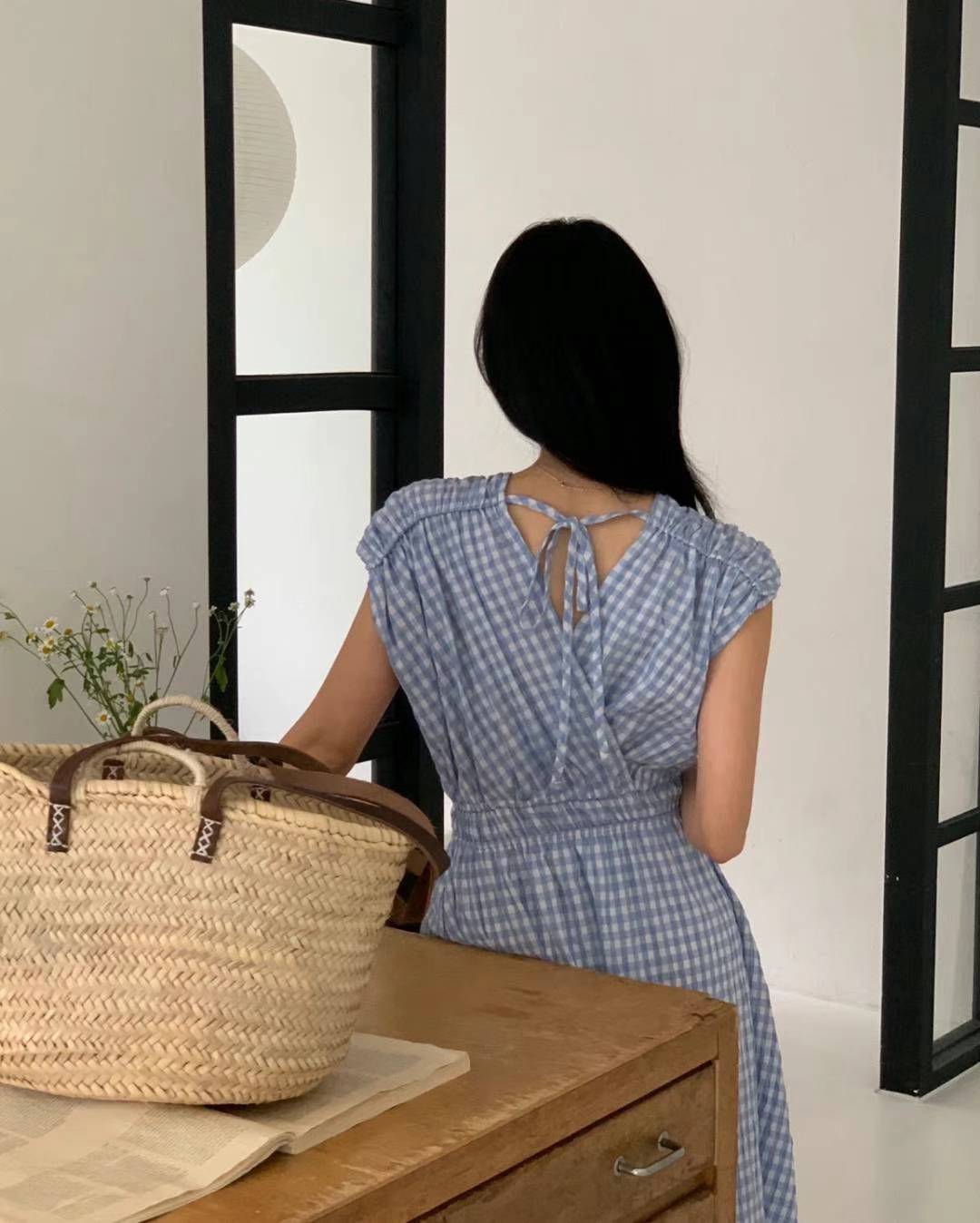 Gingham V-Neck Cap Sleeve Maxi Dress with Fitted Waist ‖ 格纹V领收腰短袖长洋装 KR02121442