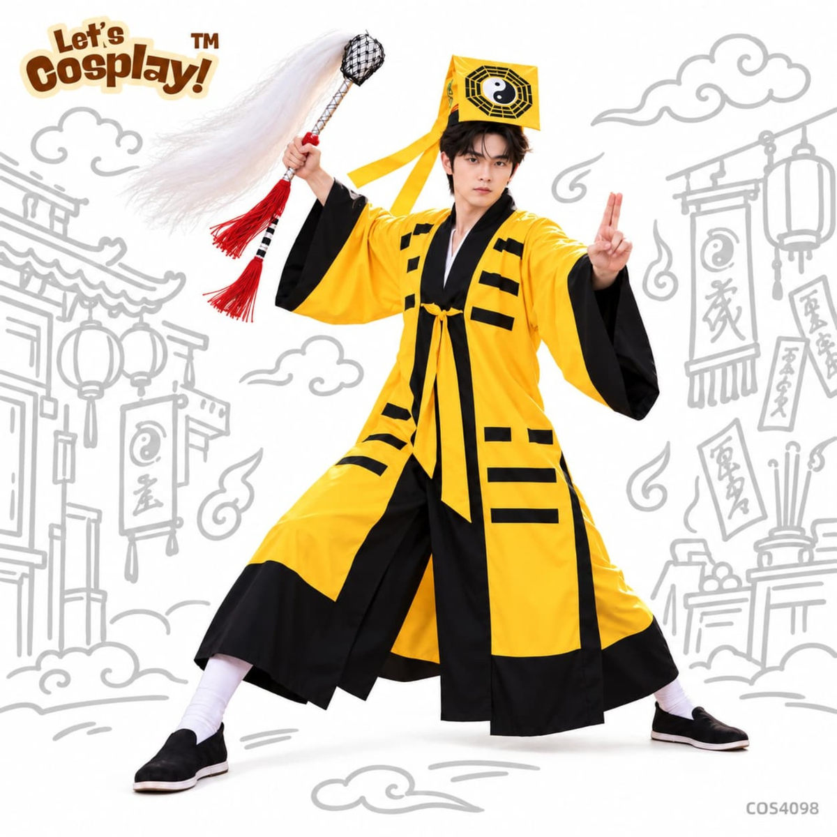 香港殭屍先生林正英道士服裝 黃黑八卦道袍殭屍道士 成人萬聖節服裝 