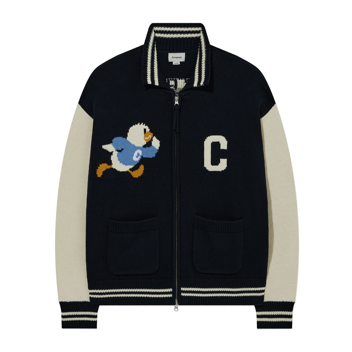 [COVERNAT] Duck Graphic Knit Varsity Jacket 