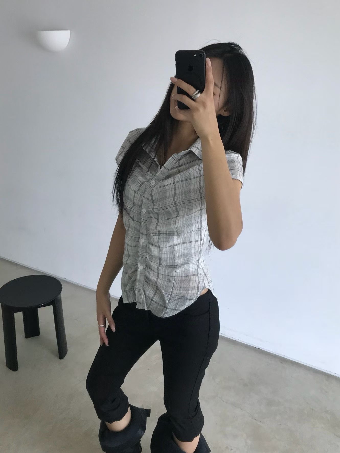 Plaid Shirred Button-Up Blouse