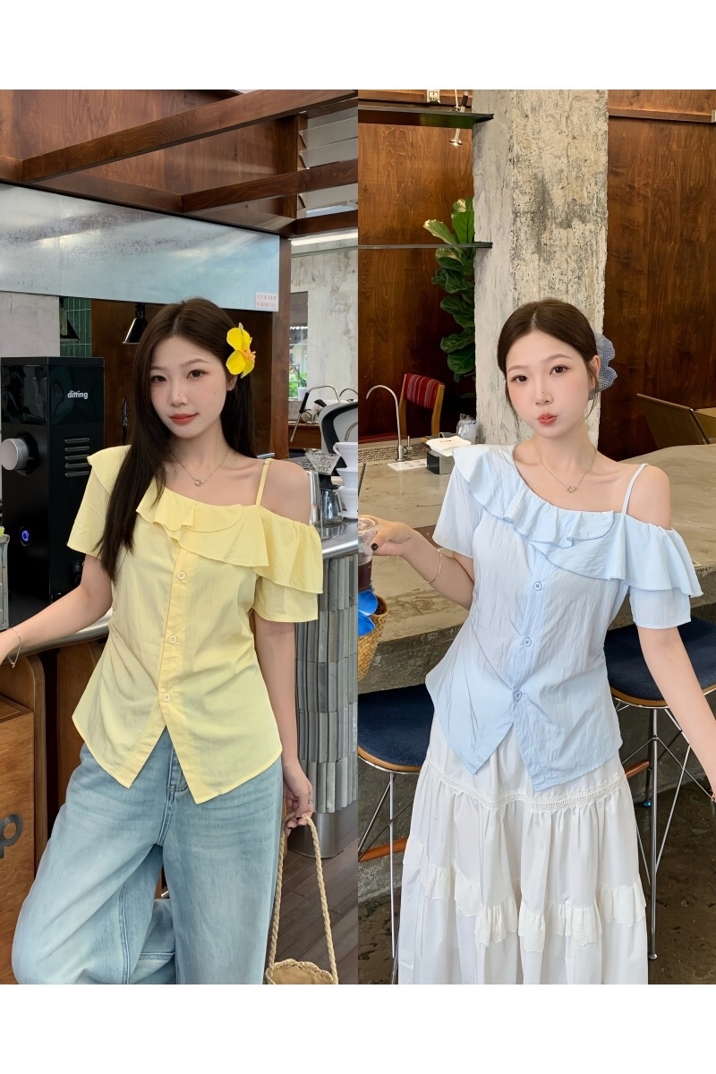 B211(80908) 韩系气质斜领单边吊带交叉荷叶边黄蓝衬衫上衣