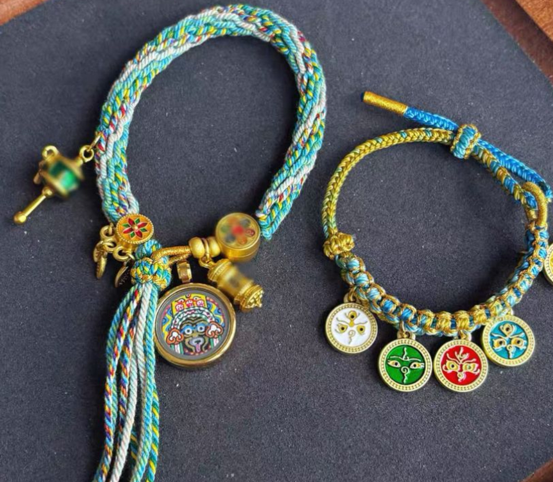 西藏純手繪扎基拉姆唐卡五路財神手工編織本命年招財轉運手繩套裝