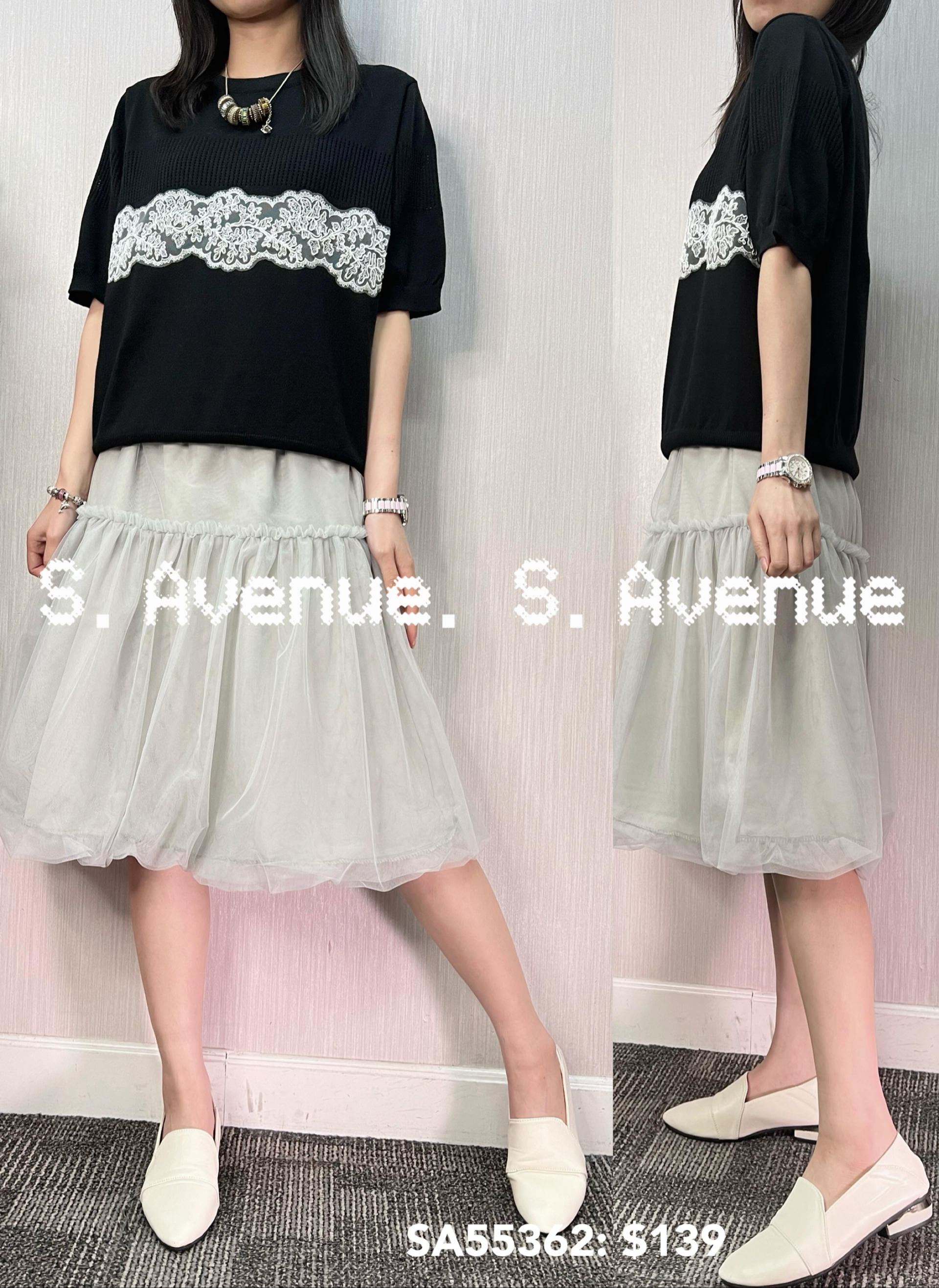 SA55362: 短袖拼lace通花線top