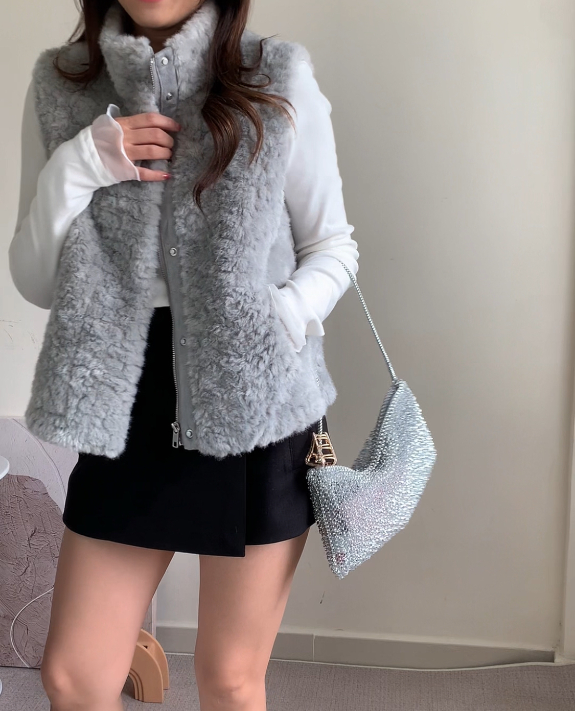 企領毛毛背心-灰藍色