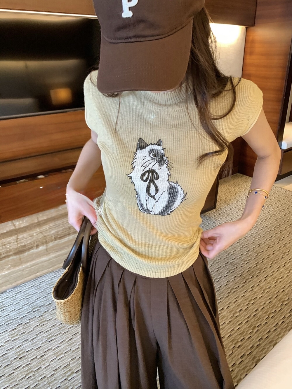 韩系纯欲猫印花修身辣妹针织小衫 Cat Print Sleeveless Crew Neck T-Shirt