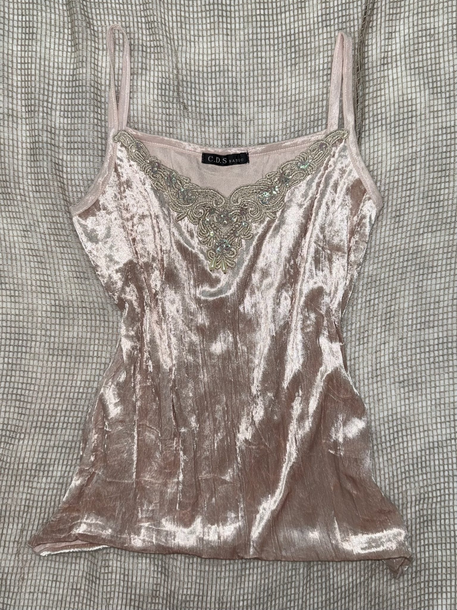 Vintage Pink Crushed Velvet Camisole with Embroidered Sequin Trim