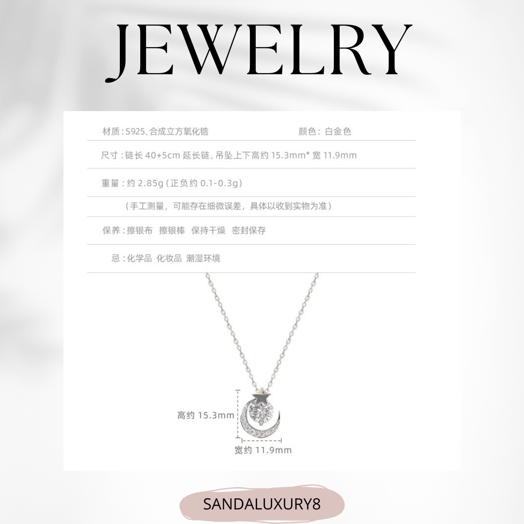 Elegant Moon and Star Cubic Zirconia Pendant Necklace 