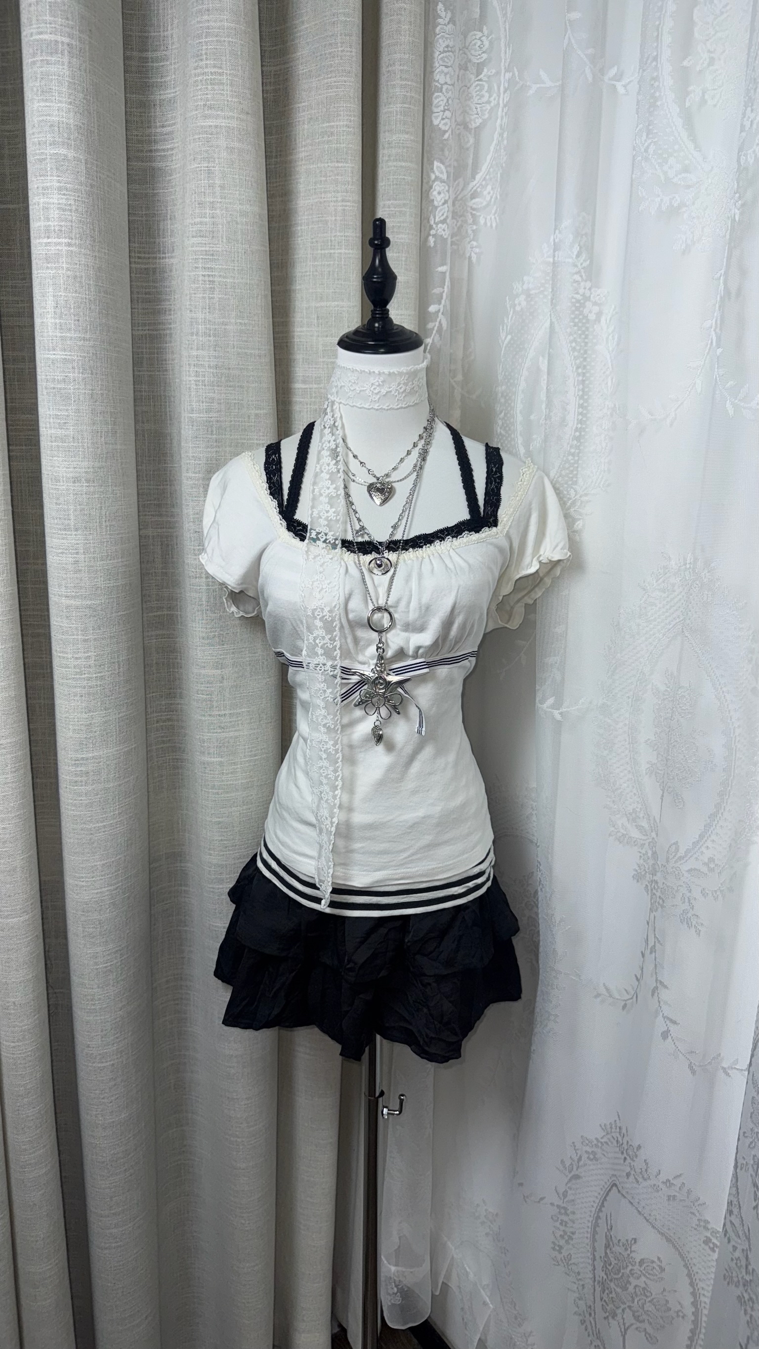 Coquette Style Dark Himekaji Elegant Contrast Puff-sleeve Set