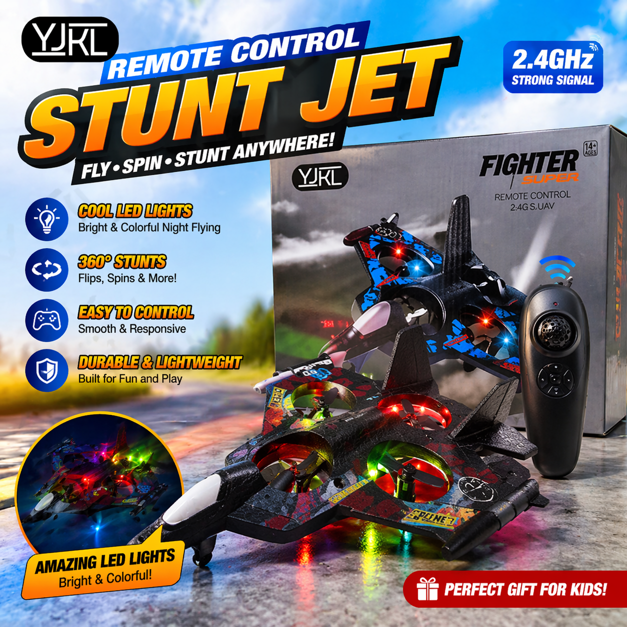 2.4GHz RC Stunt Fighter | 4-Axis Aircraft | Dual Battery | LED Lights | Indoor Toy