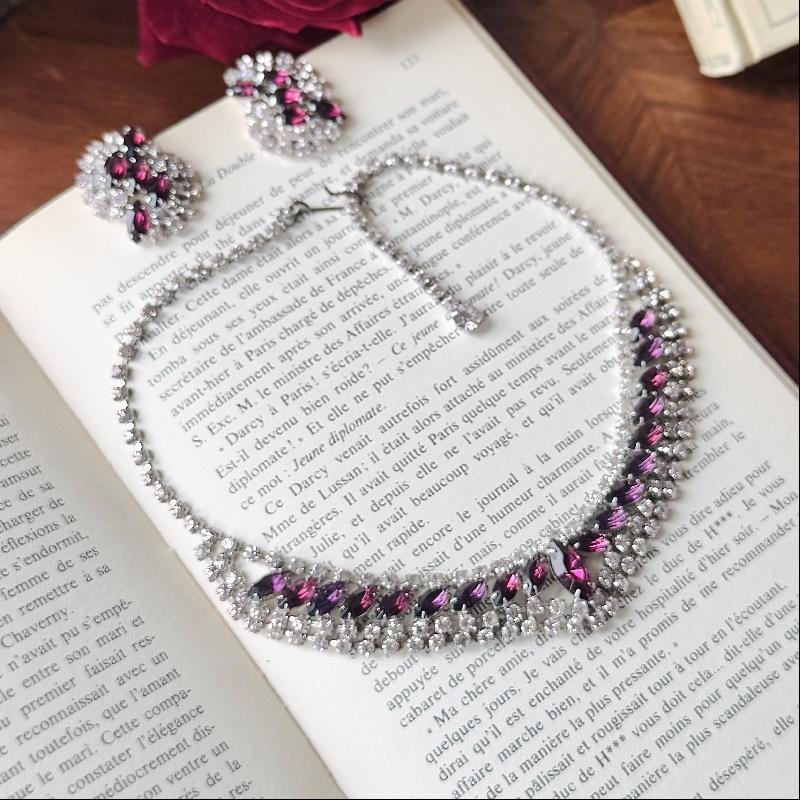 Preview - 1950s American Purple and Clear Rhinestone Rhodium Plated Clip Earrings and Necklace Cocktail Jewelry Set (MT2147)