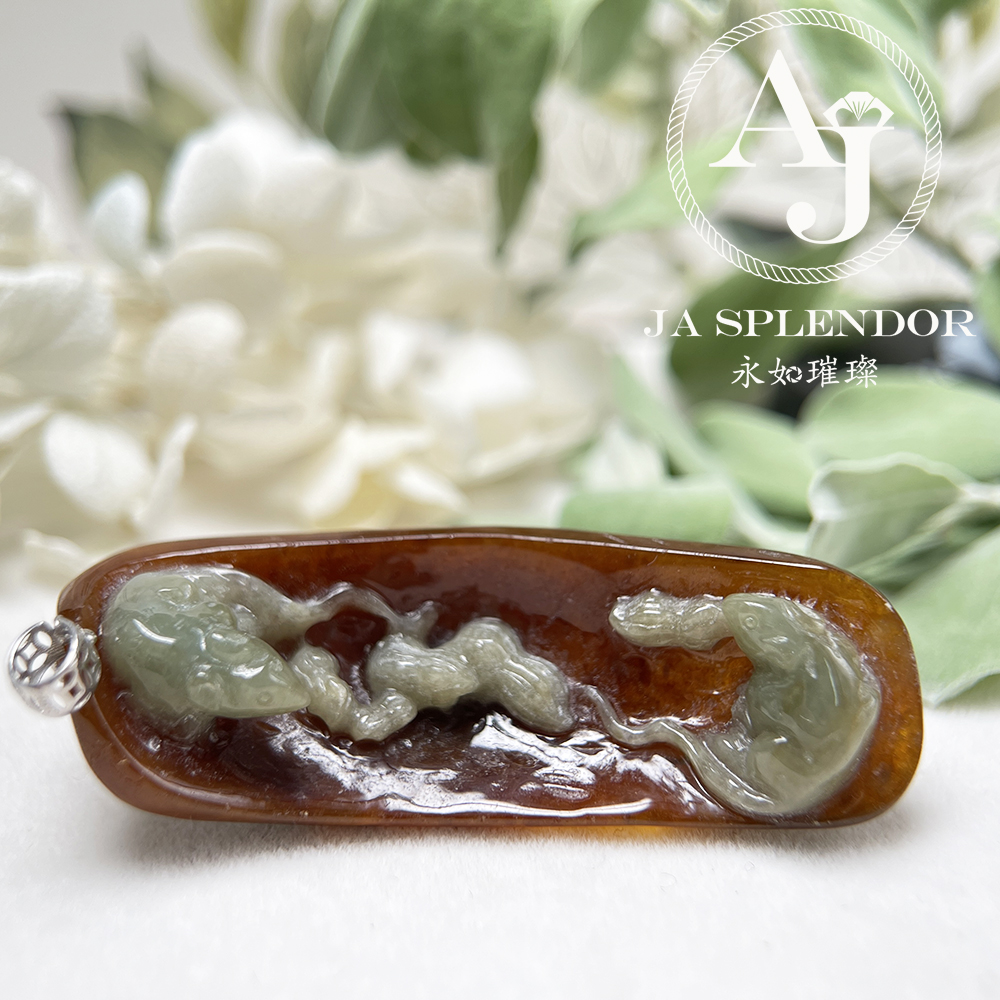 JNK 303 天然翡翠A玉-特色巧雕紅翡【鼠】鴻運數錢招財進寶18K吊墜