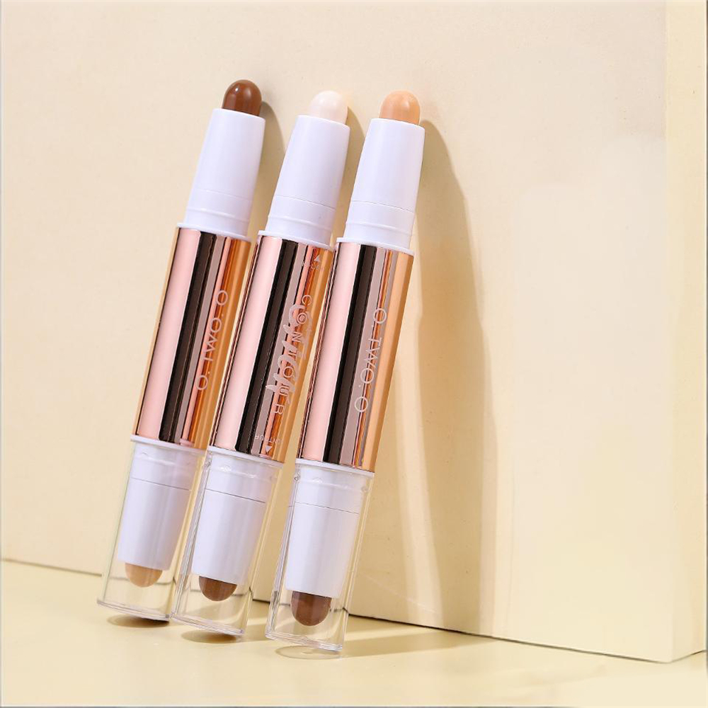 雙頭高光提亮2合一修容棒 鎖骨陰影筆 立體高光 遮瑕筆 修容筆 01# 白皙+淺咖色 [平行進口] HK2679