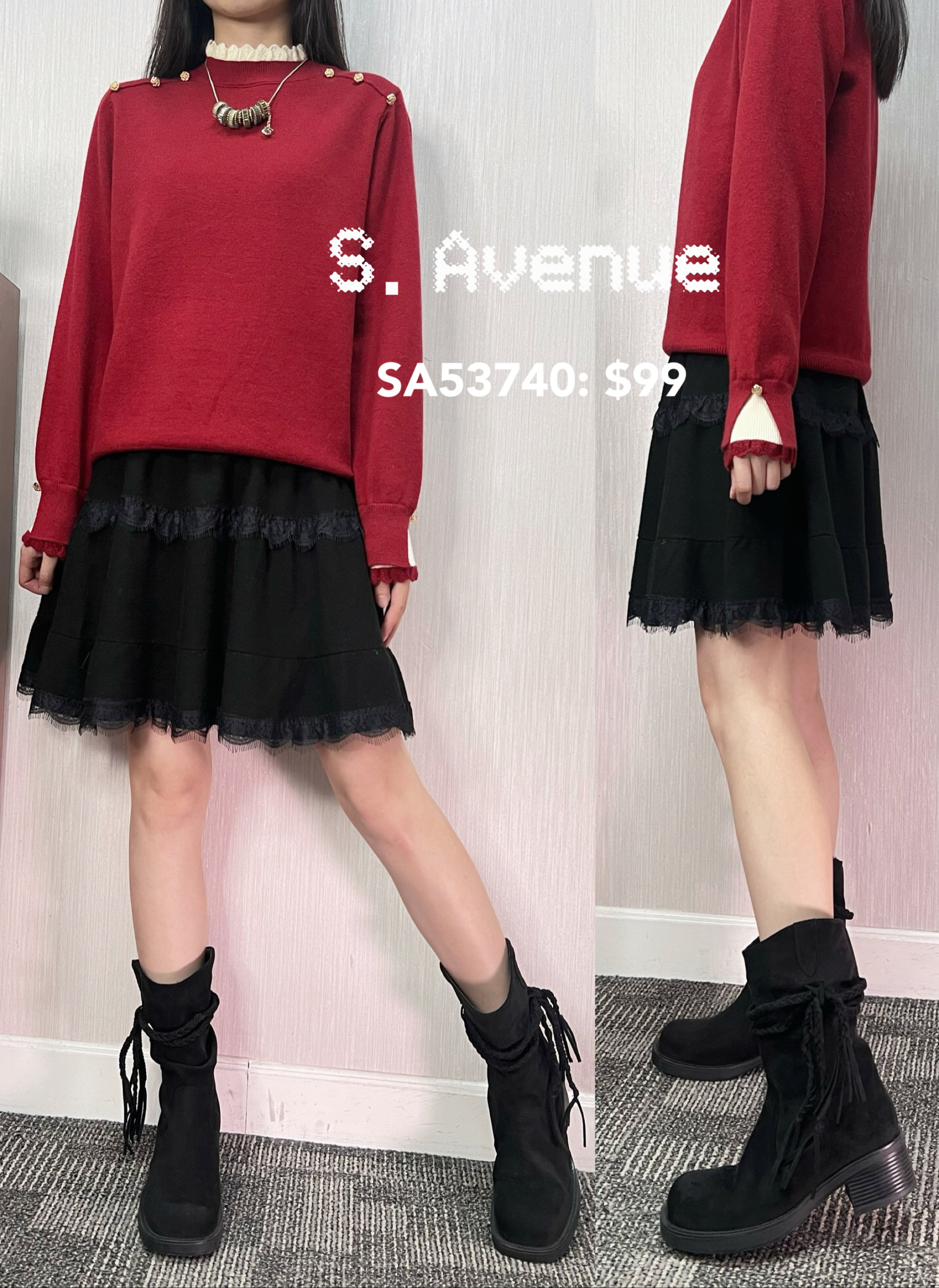 SA53740: 橡筋腰拼lace A字針織裙