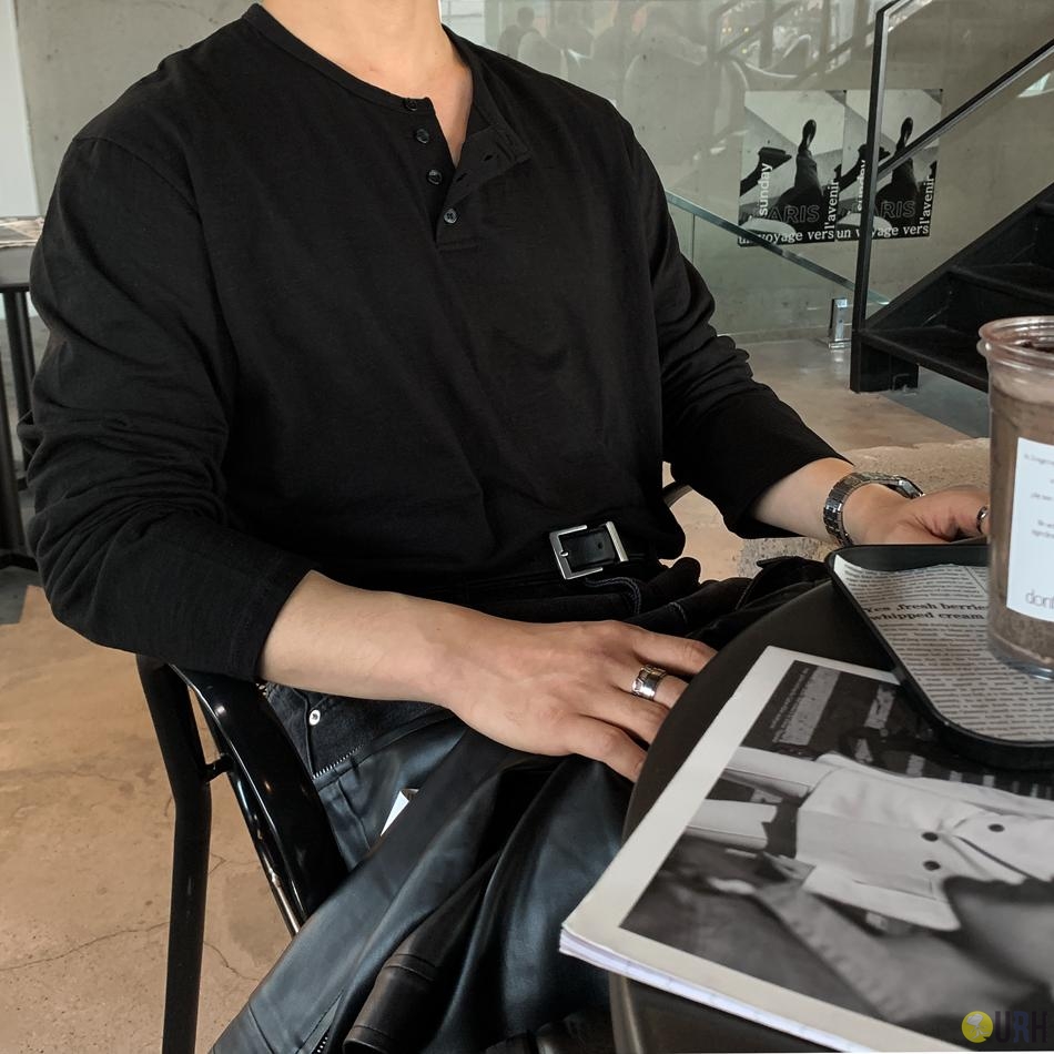 【100%保證韓國直送】復古質感亨利領竹節棉寬鬆長袖 Tee Henley Neck Slub Cotton Tee RL113975