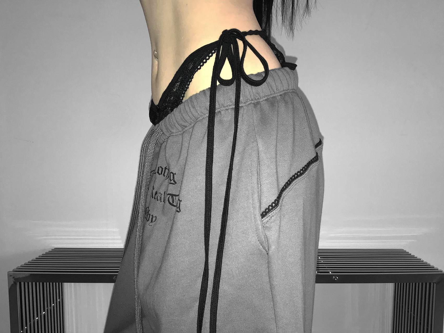 Layered Lace Waist Graphic Wide Leg Pants