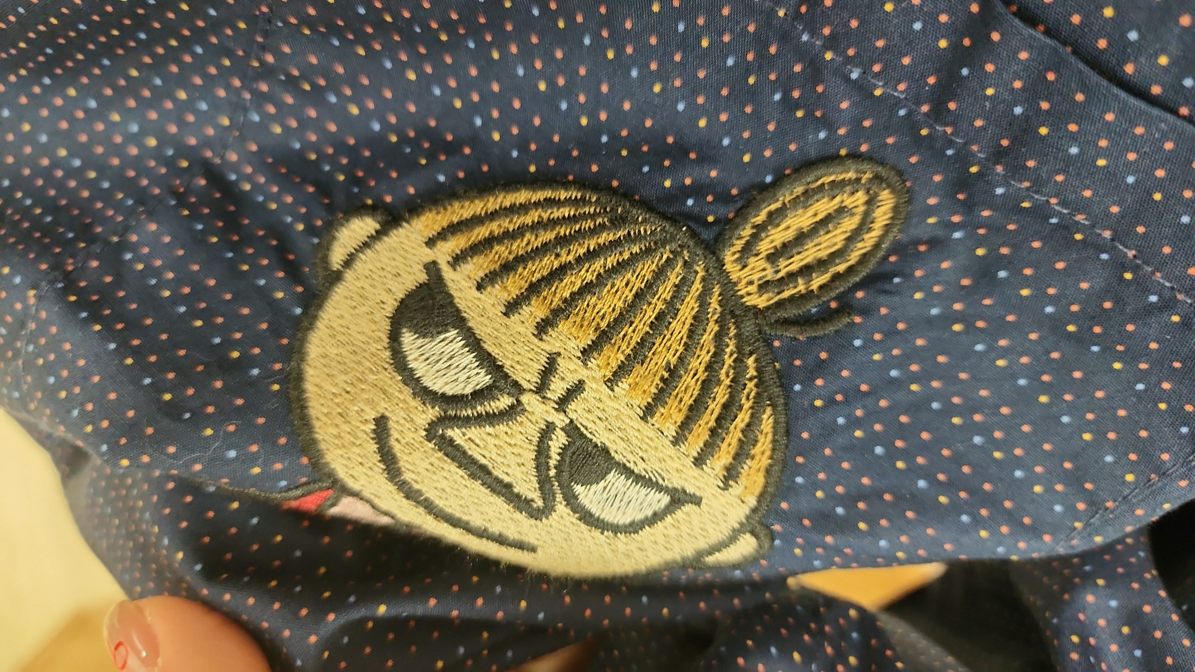 韓國深藍波點公仔刺繡開胸棉麻裇