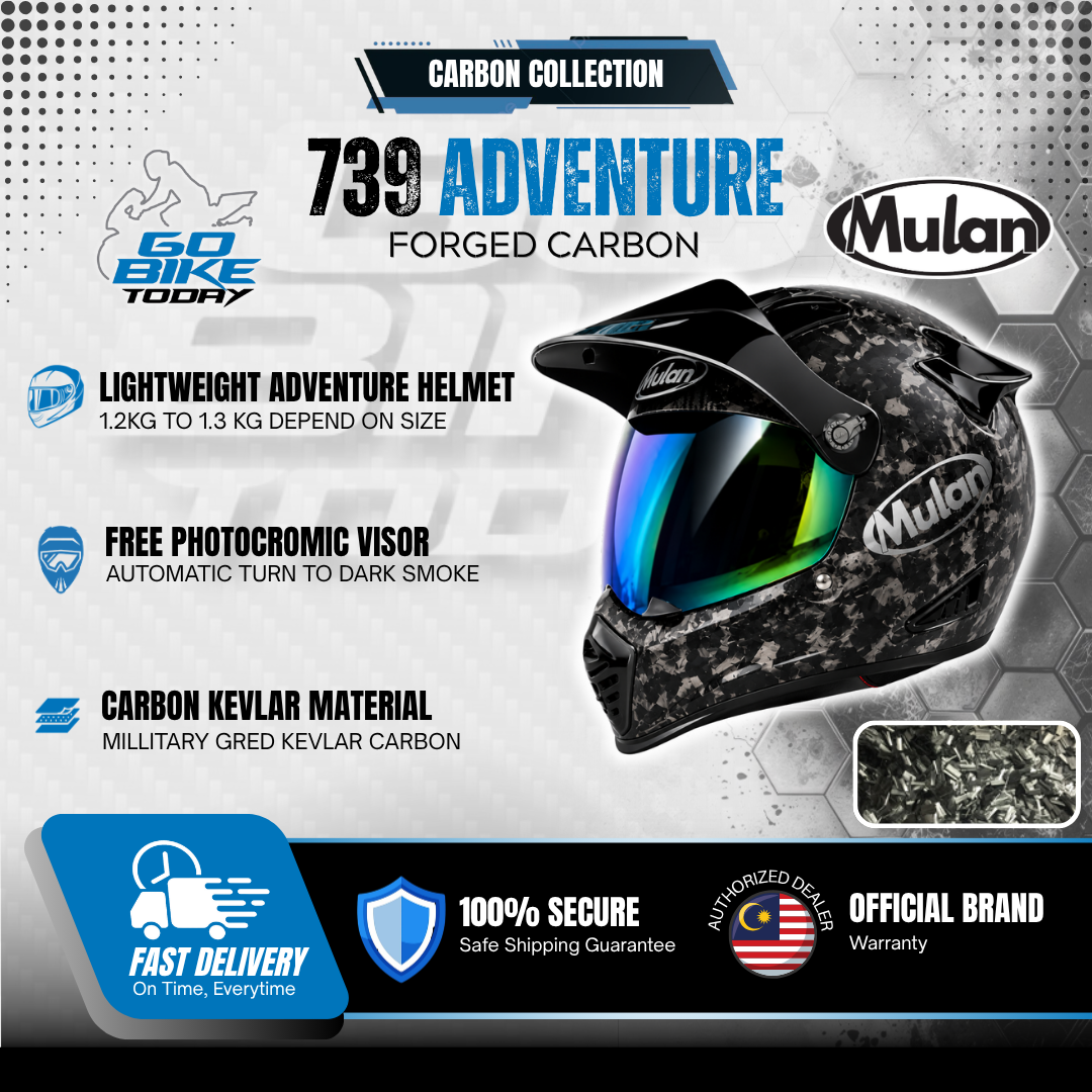 MULAN 739 FORGE CARBON Adventure Helmet | Bulletproof Kevlar | Photochromic Visor | ECE Approved | Touring Ready