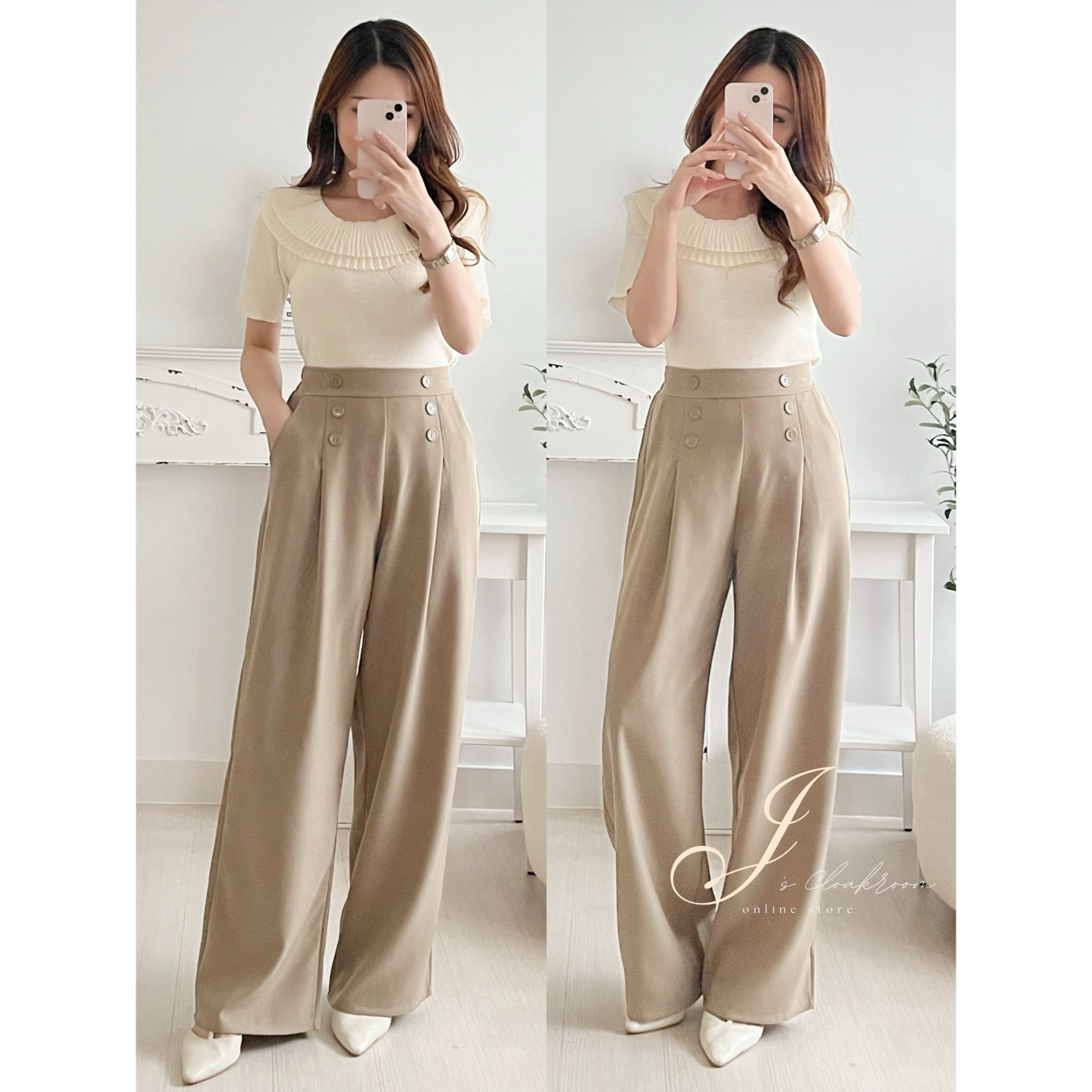 百搭知性の選💮排鈕闊腳長褲 (KR) 卡其色