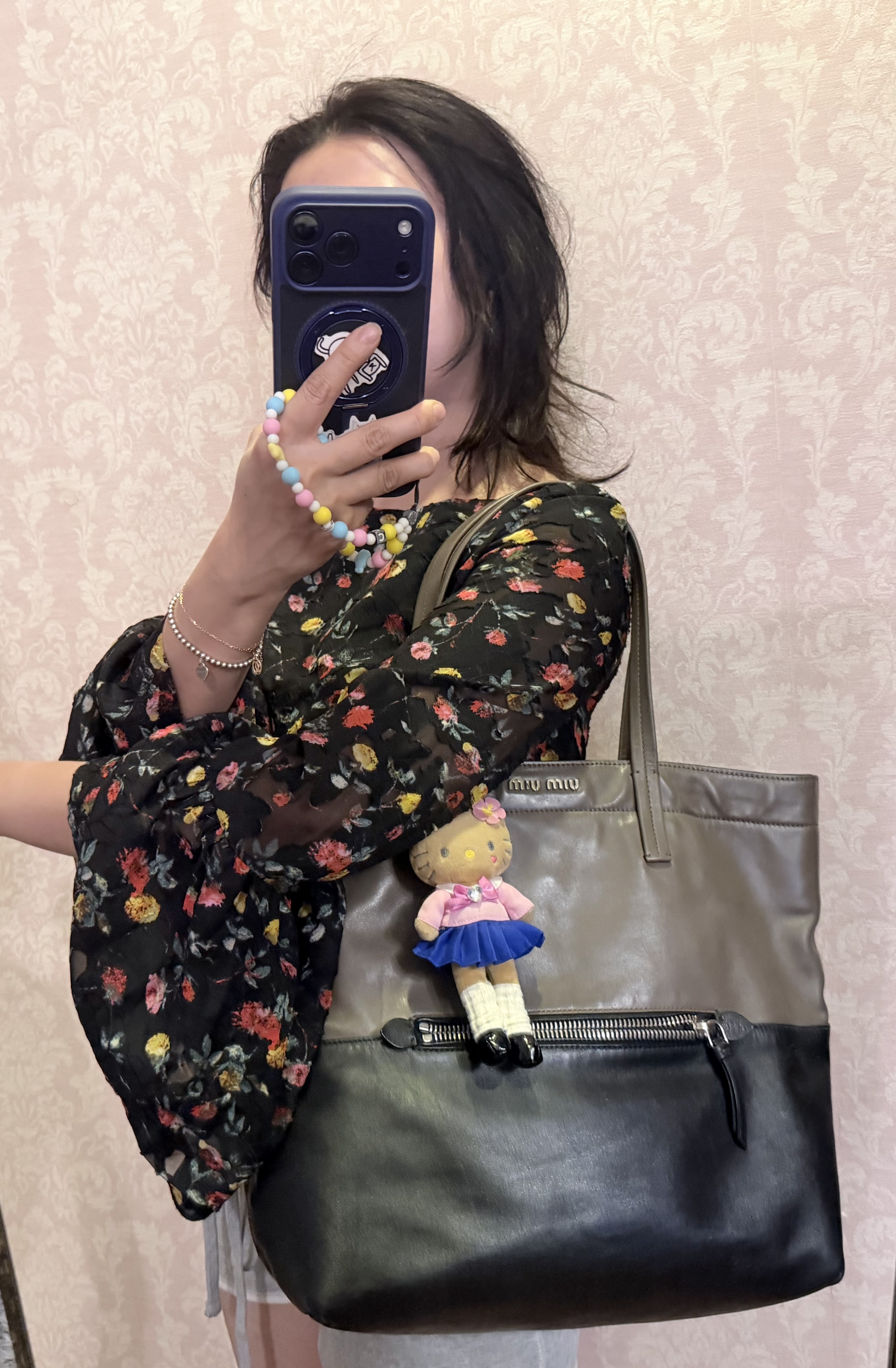 Miu miu ivy black grey leather tote bag