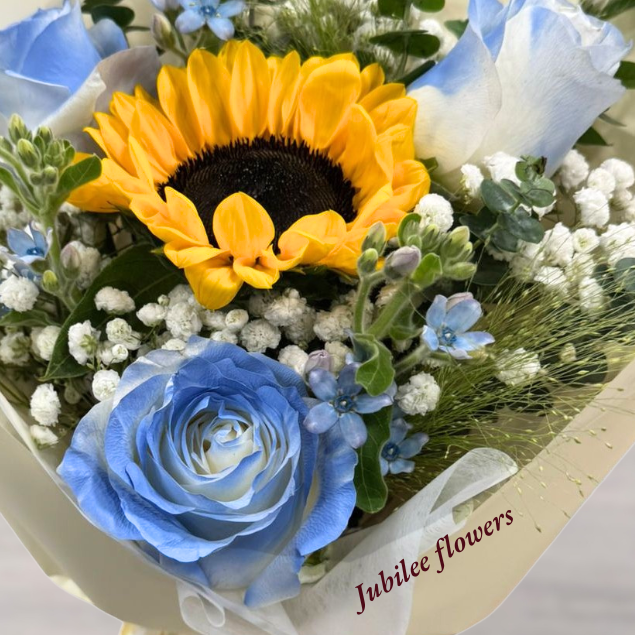 🌻向日葵 碎冰藍玫瑰花束