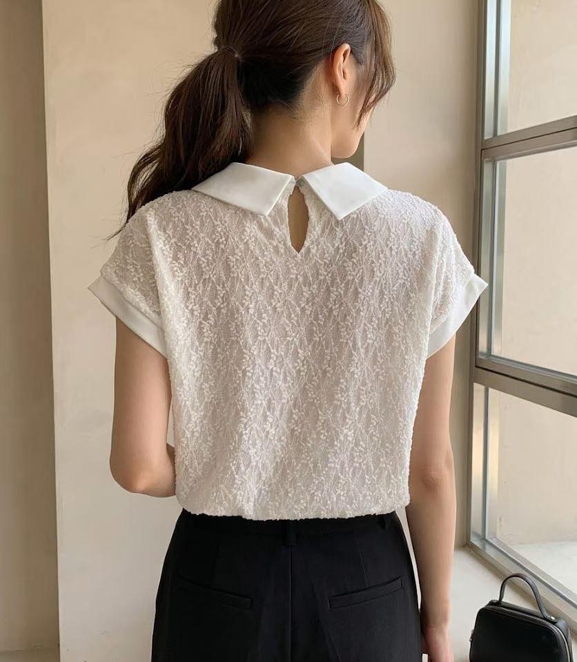 精緻蕾絲珍珠領短袖上衣 