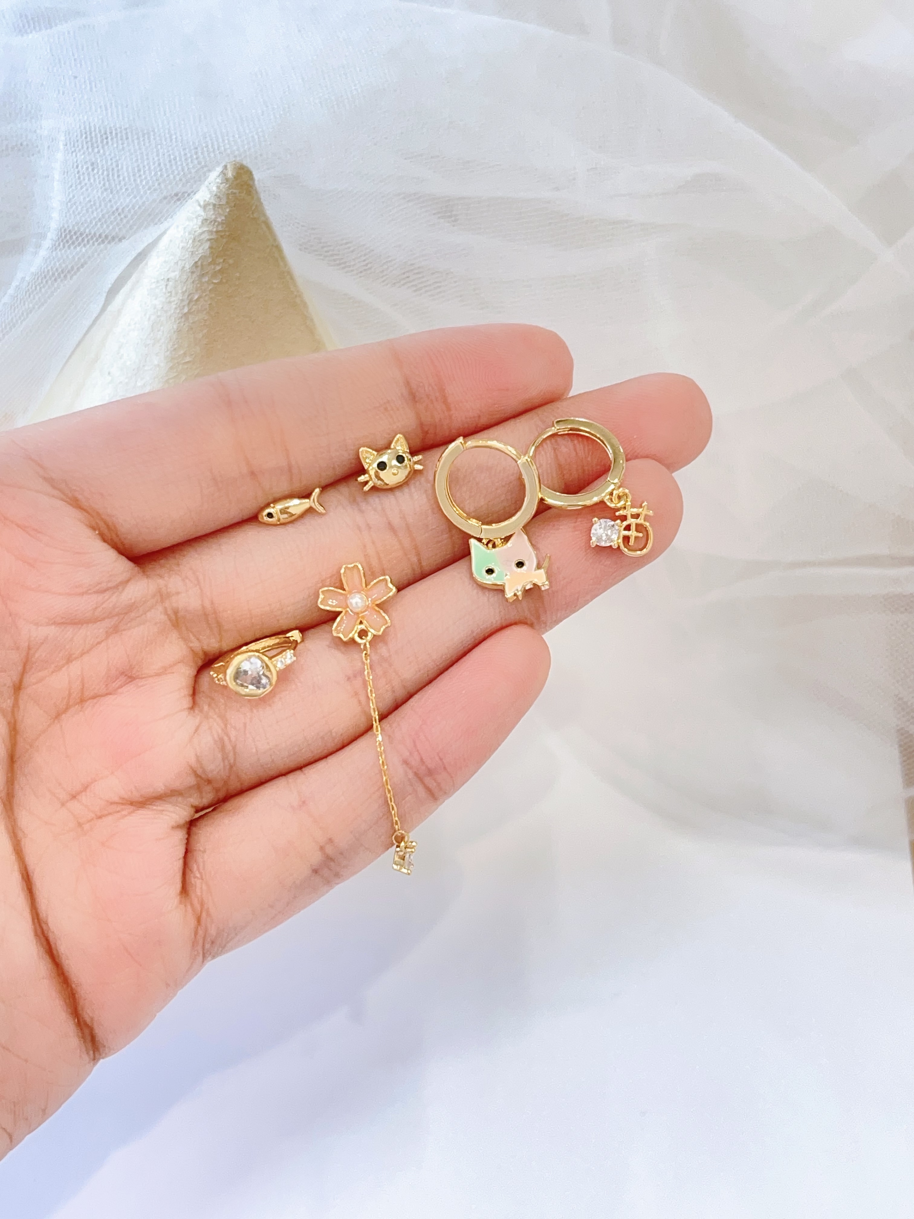 拼色小猫咪耳环套装