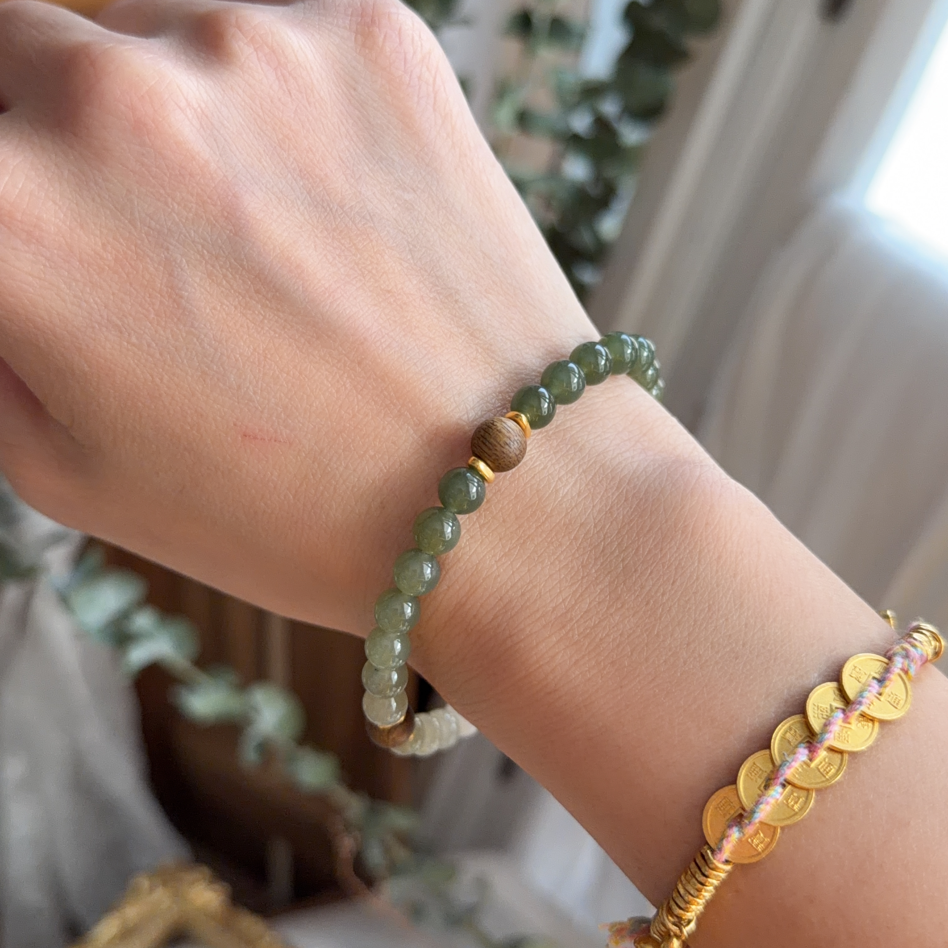 6mm和田玉+沉香襯999足金花生手串