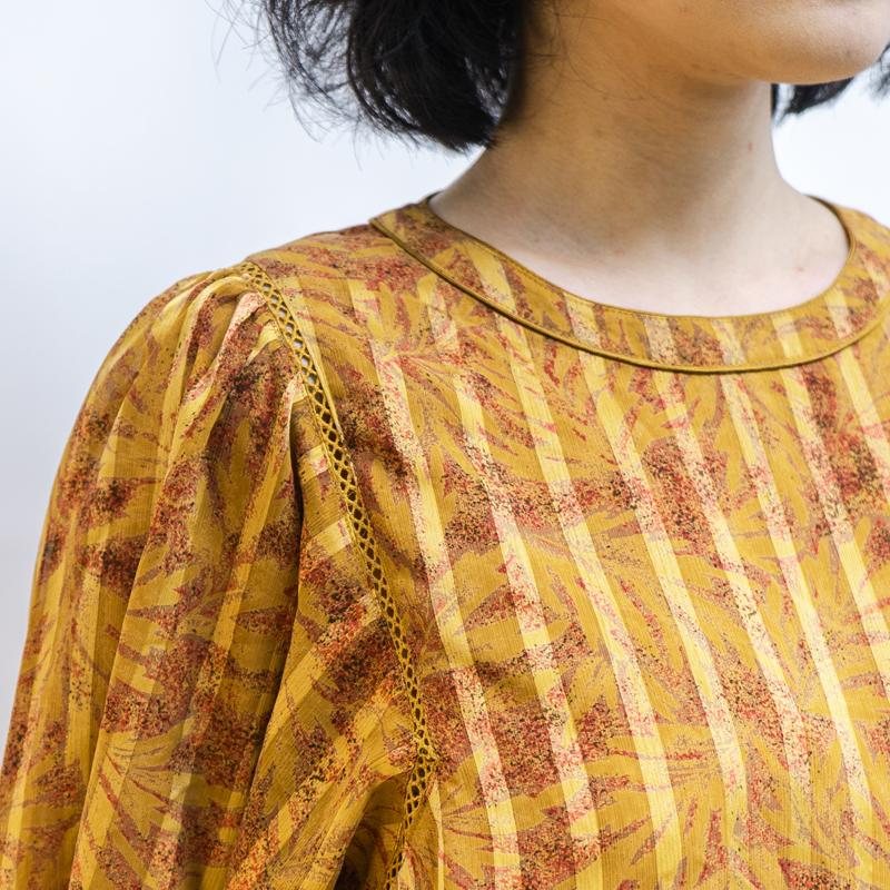 Vintage Japanese Brown and Yellow Vertical Stripe and Leaf Pattern Day Dress（MT1608-76)