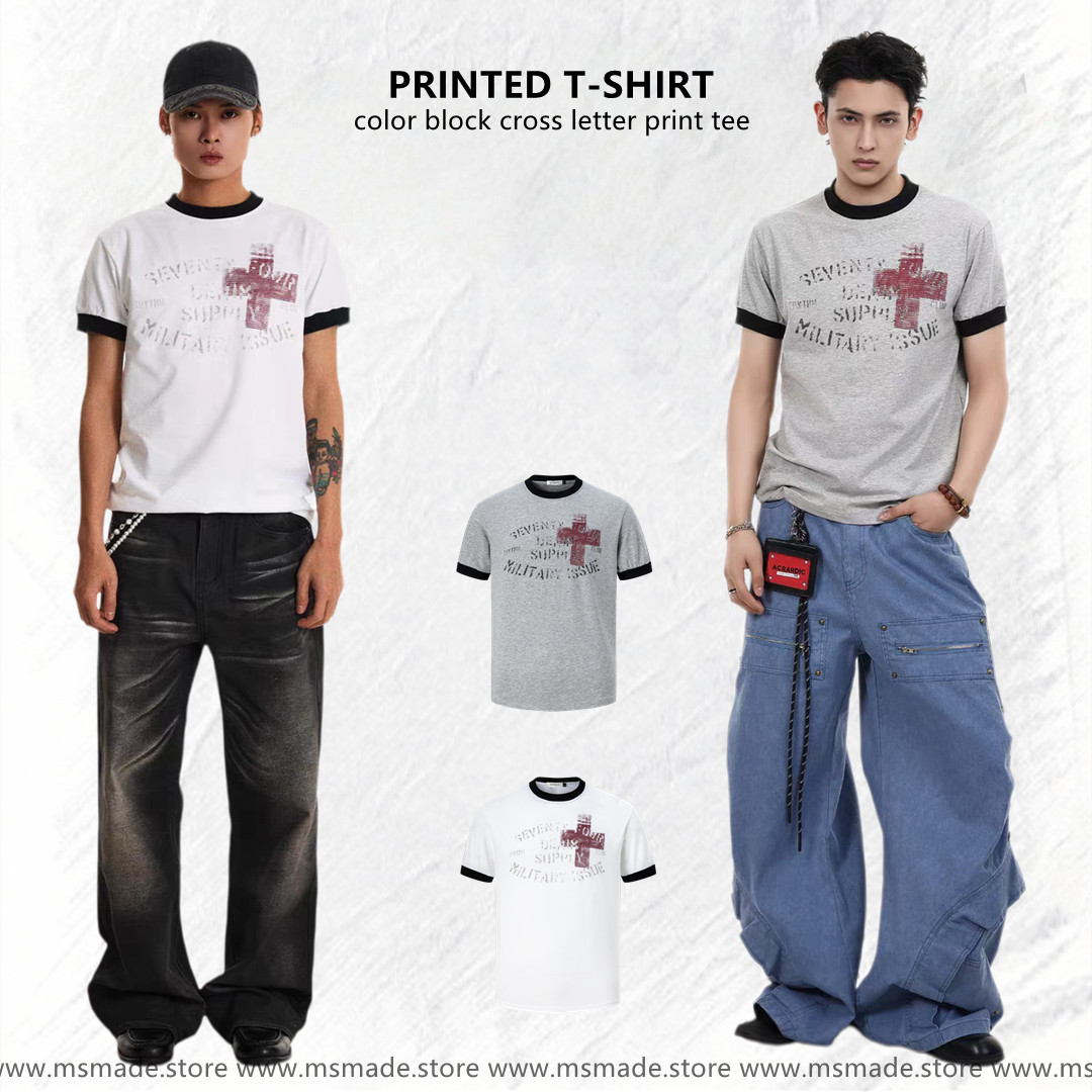 M27454撞色十字架字母印花tee
