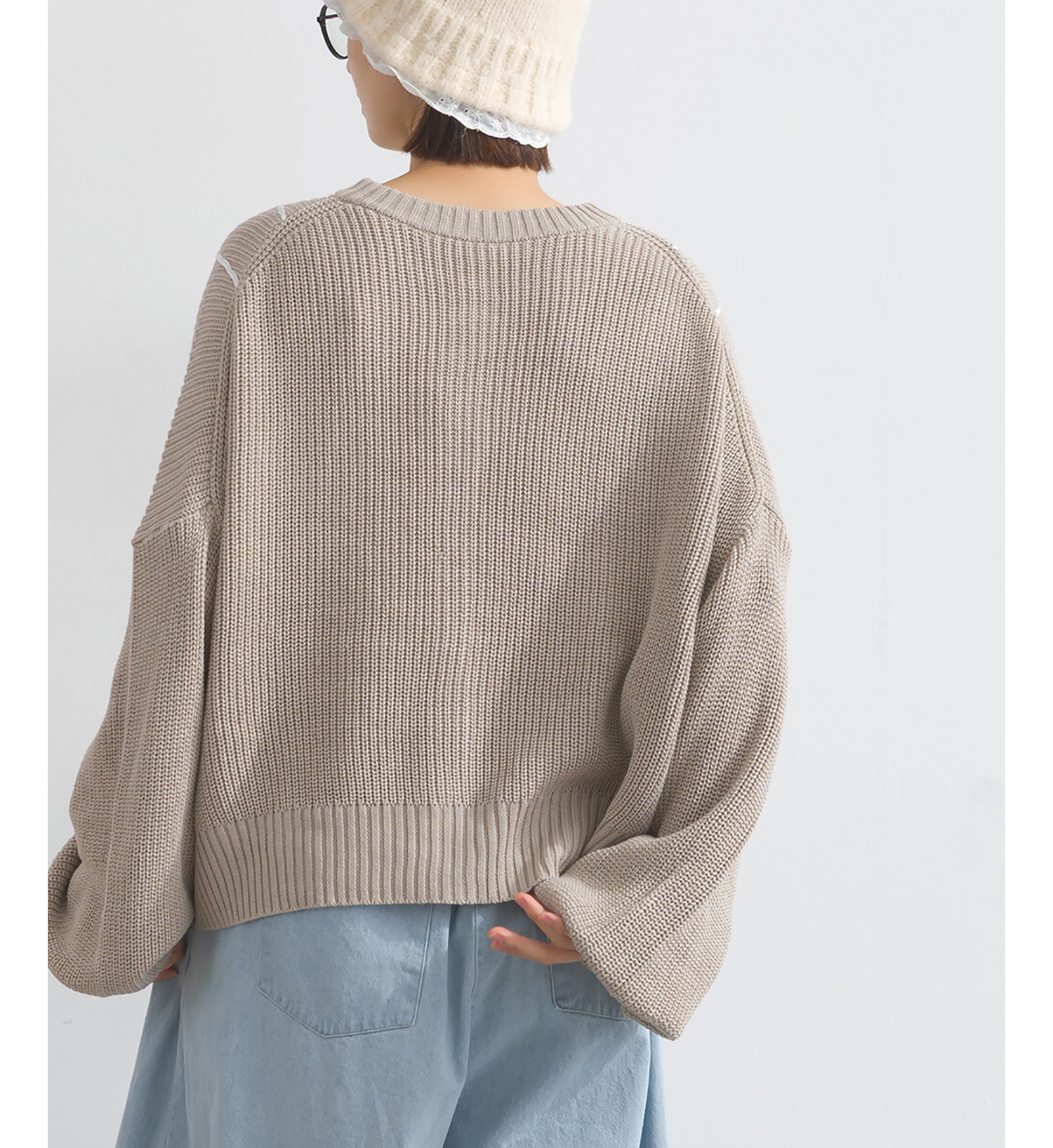 LP - 絲帶織紋開襟毛衣 (杏色)