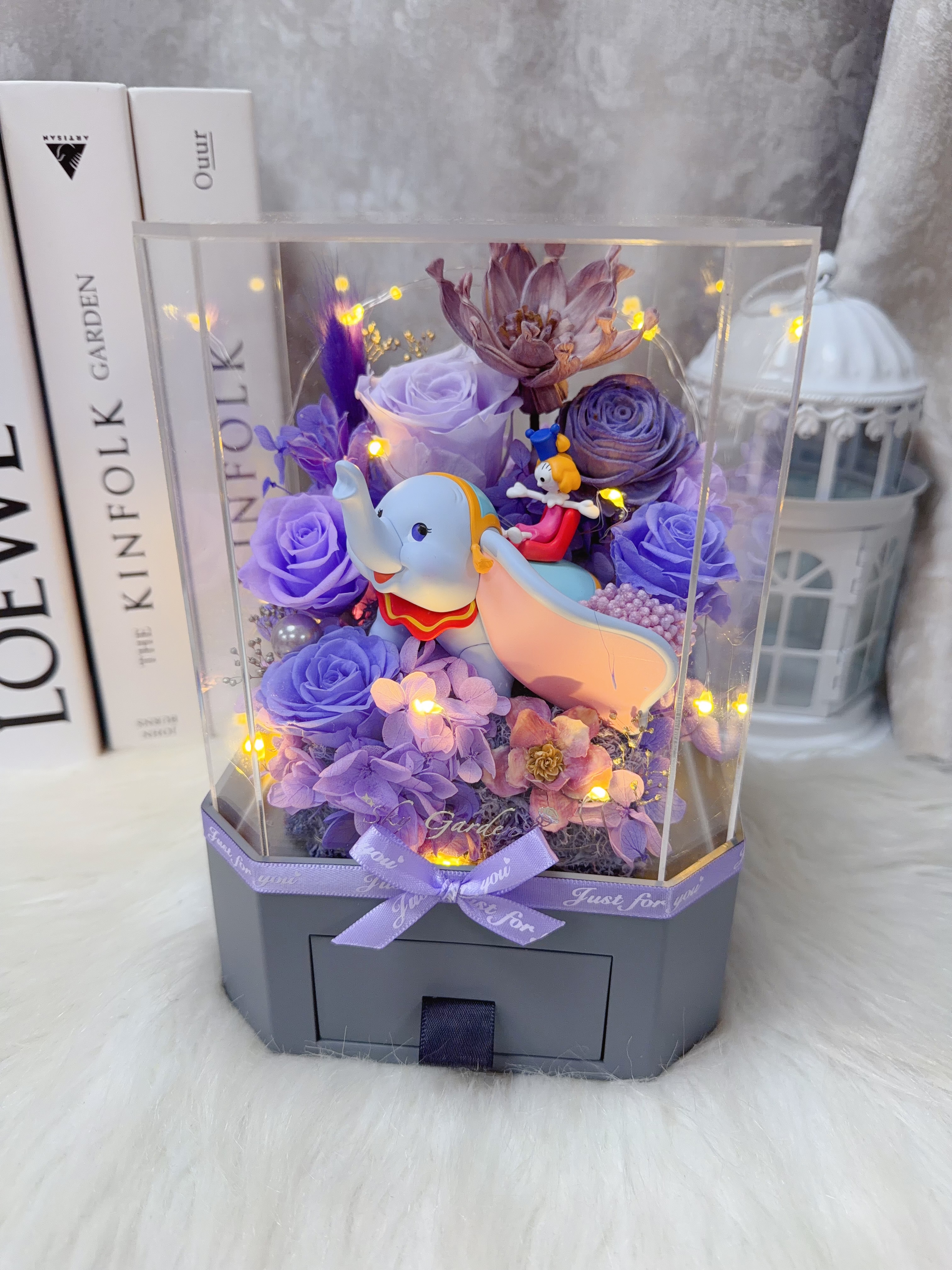 小飛象紫色永生花飾物八角花盒