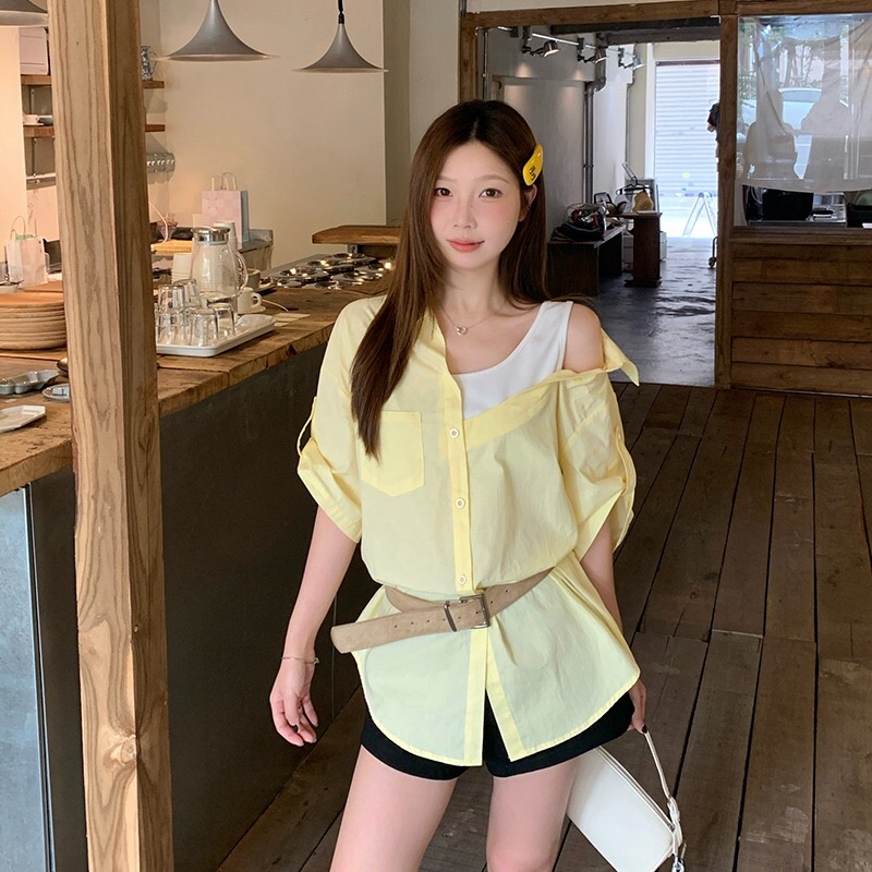 B231(23800) 韩系假两件衬衫拼背心单边露肩设计感3色上衣