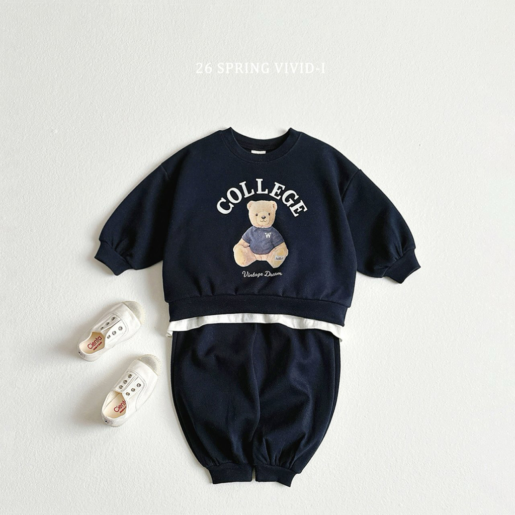 🌸預訂 韓國直送🌸🇰🇷VIVIDI三色學院小熊印花長袖上下套裝