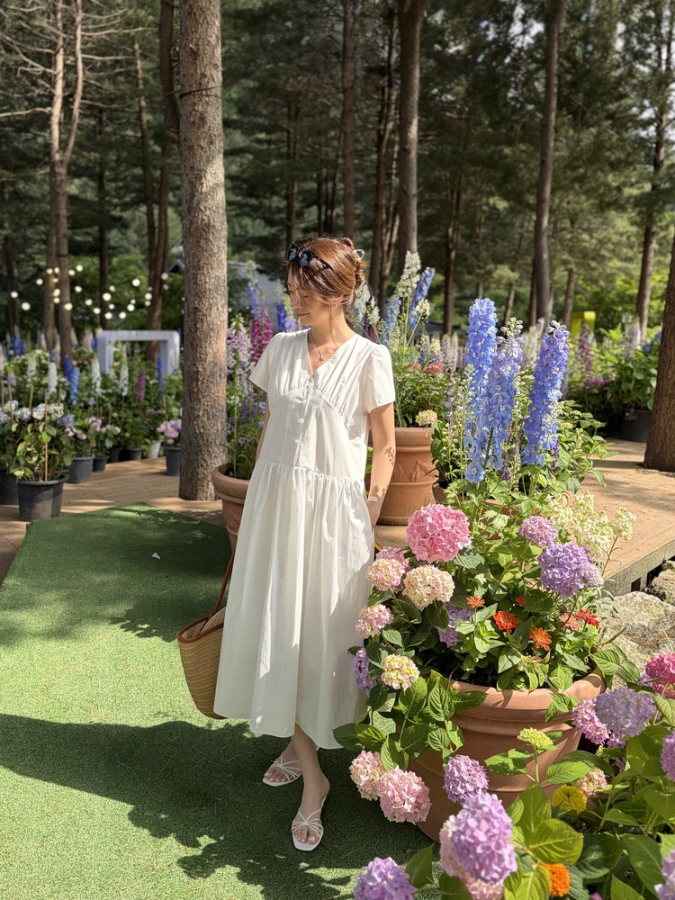 Airy Button Front Long Dress (White)