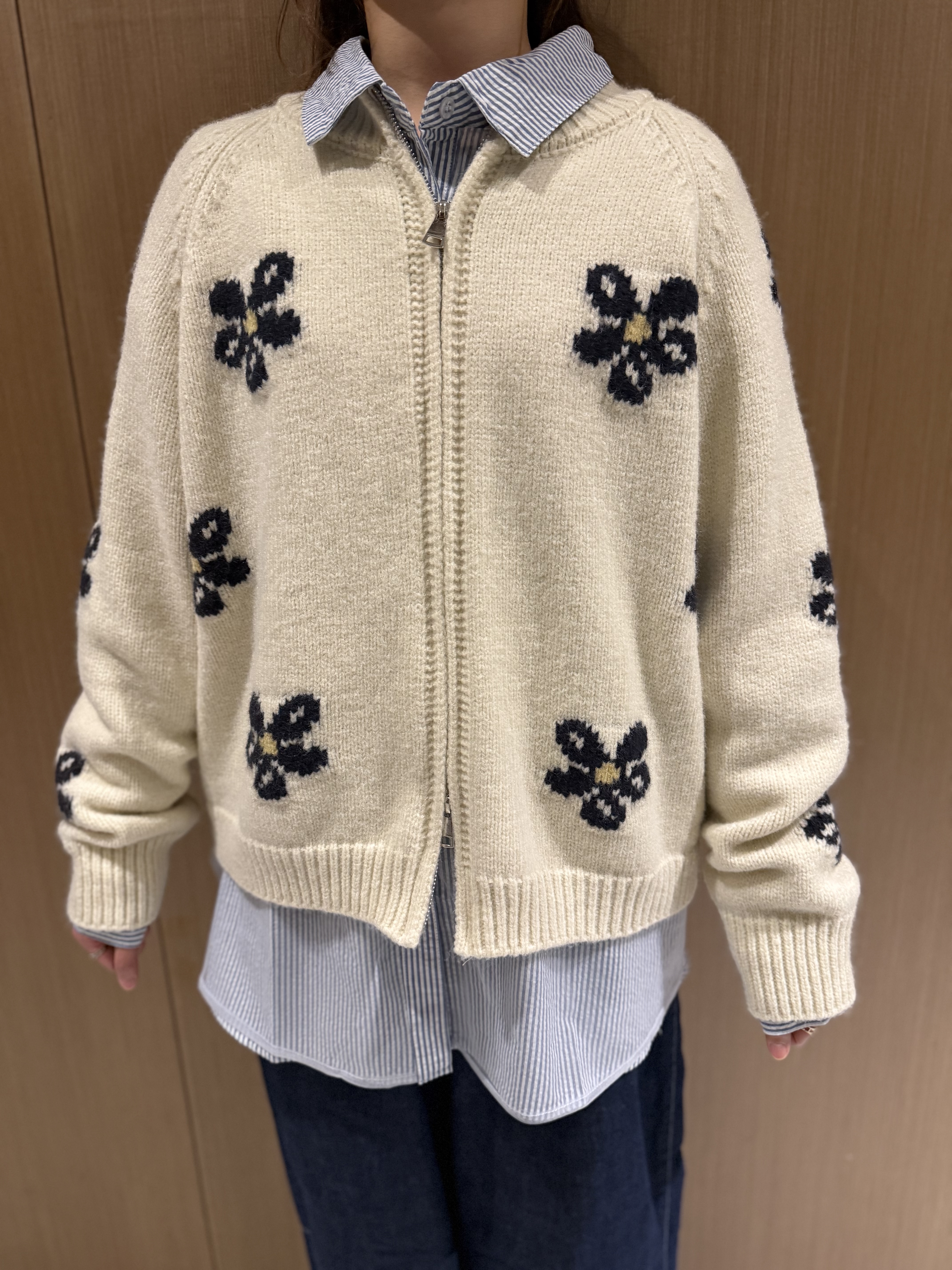 撞色花花雙拉鍊冷外套（杏色）