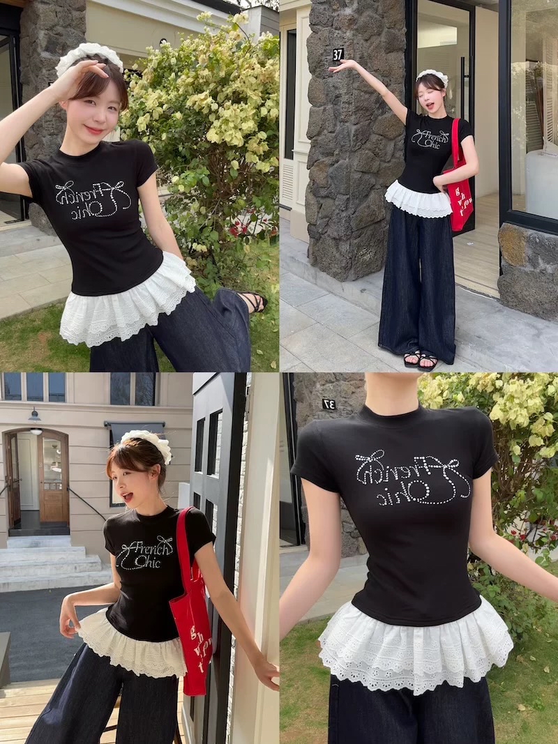 蕾丝下摆蝴蝶结烫砖花边短袖｜CN0129280BLACK