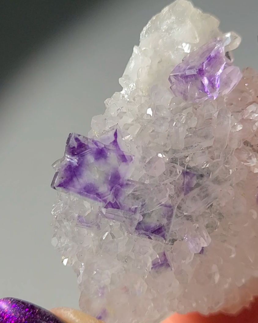 Blue and purple cubic fluorite on baby quartz - FL142