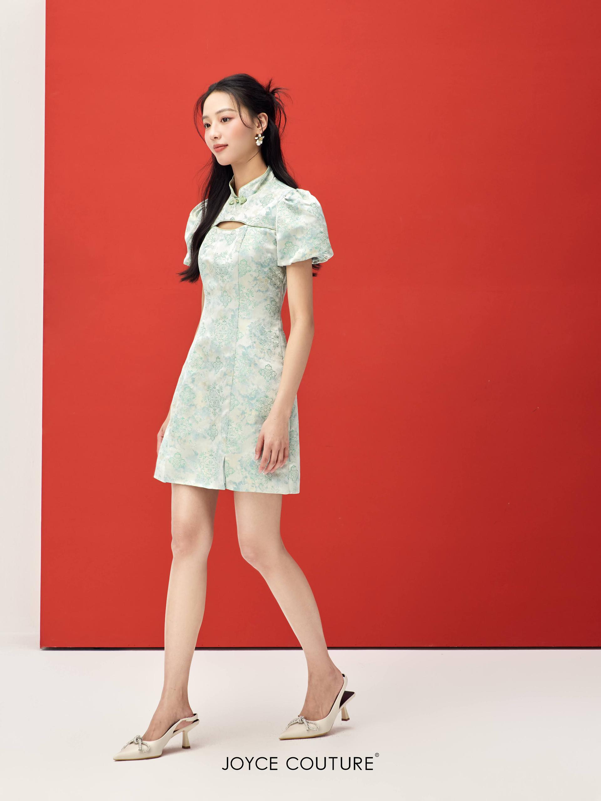 泡泡袖旗袍连身裙 D0105