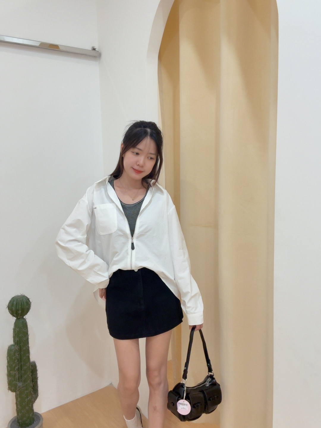 假两件条纹背心翻领拉链工装长袖上衣 R2757