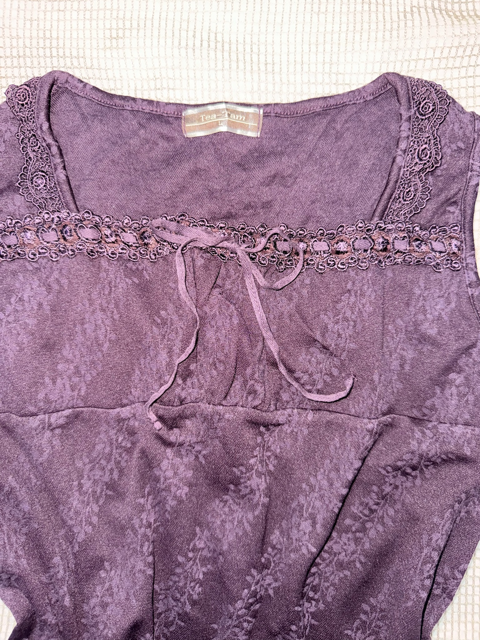Plum Purple Jacquard Tank Top with Lace Trim