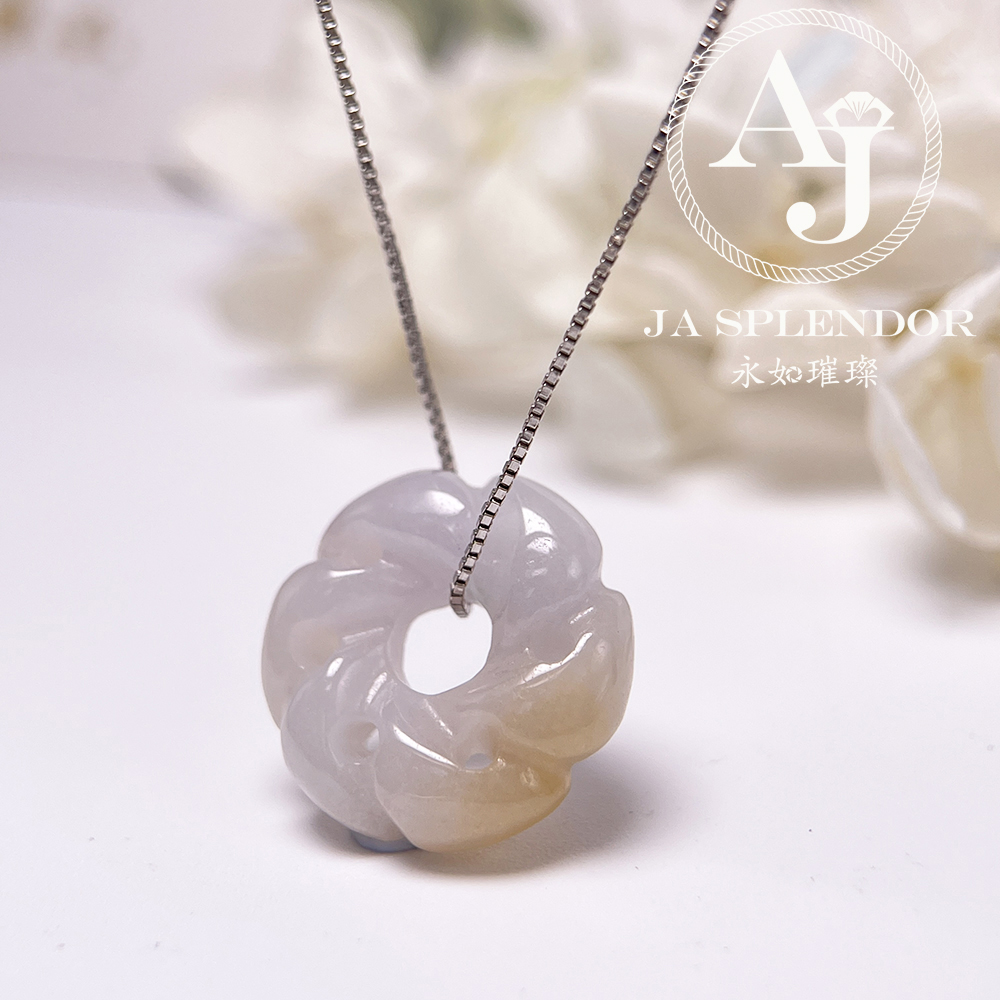 JN-2738 天然翡翠A玉-糖環花開富貴立體雕花吊墜（送銀鏈）