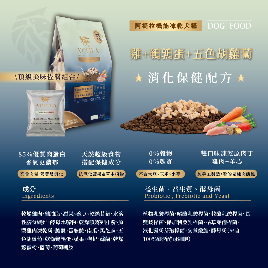 阿提拉凍乾機能無穀狗糧 (雞＋鵪鶉蛋＋五色胡蘿蔔) 