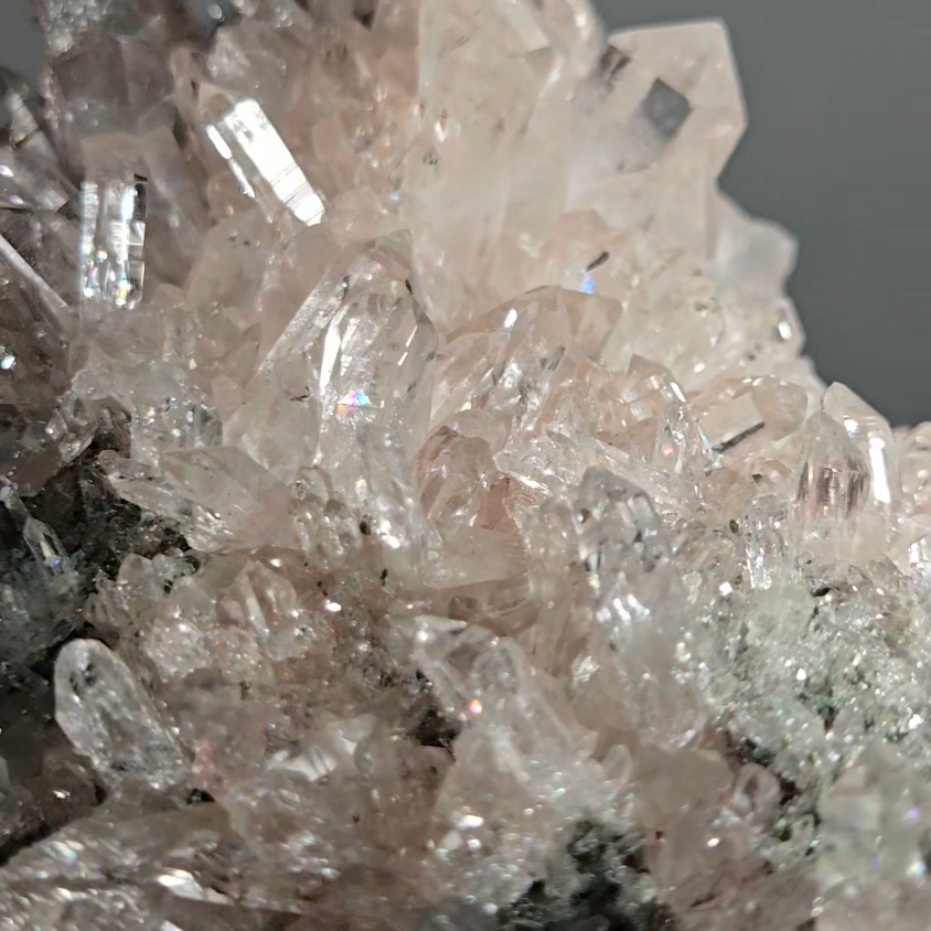 Pink Lemurian quartz cluster with green chlorite, rainbows - LQ189