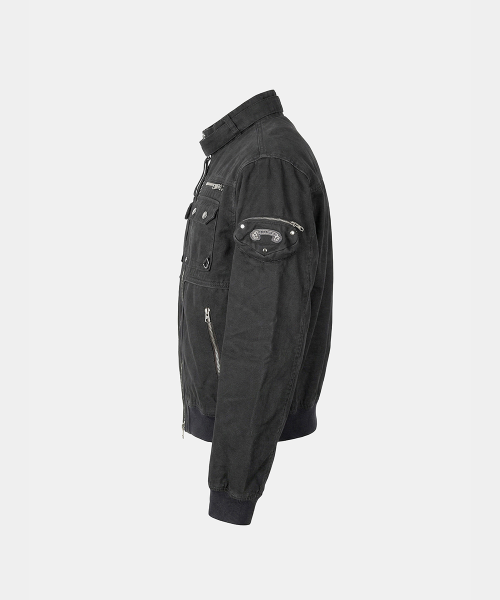 Daytona High-Neck Strap Bomber Jacket - Washed Black