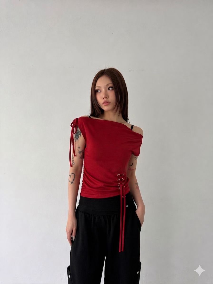 Asymmetric Eyelet Lace-Up Top