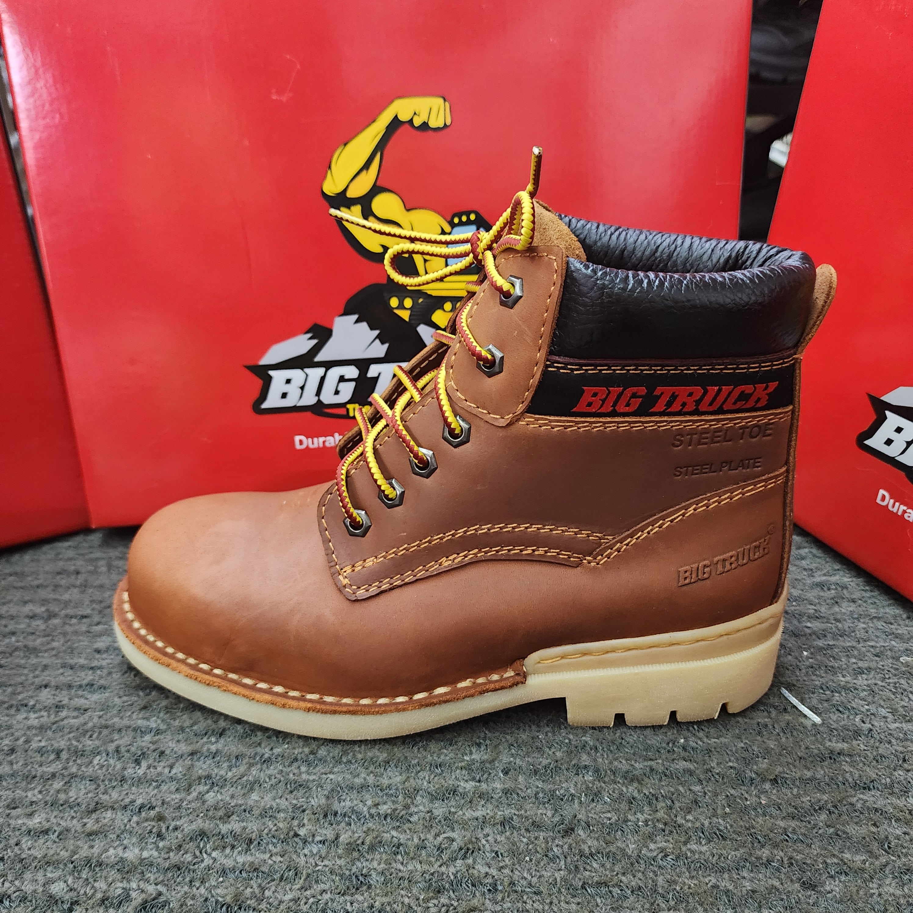 BIG TRUCK 8018 8033 8035 HONEY RUBBER SOLE SAFETY SHOES HIGH CUT ZIP LACE Leather Kasut Keselamatan